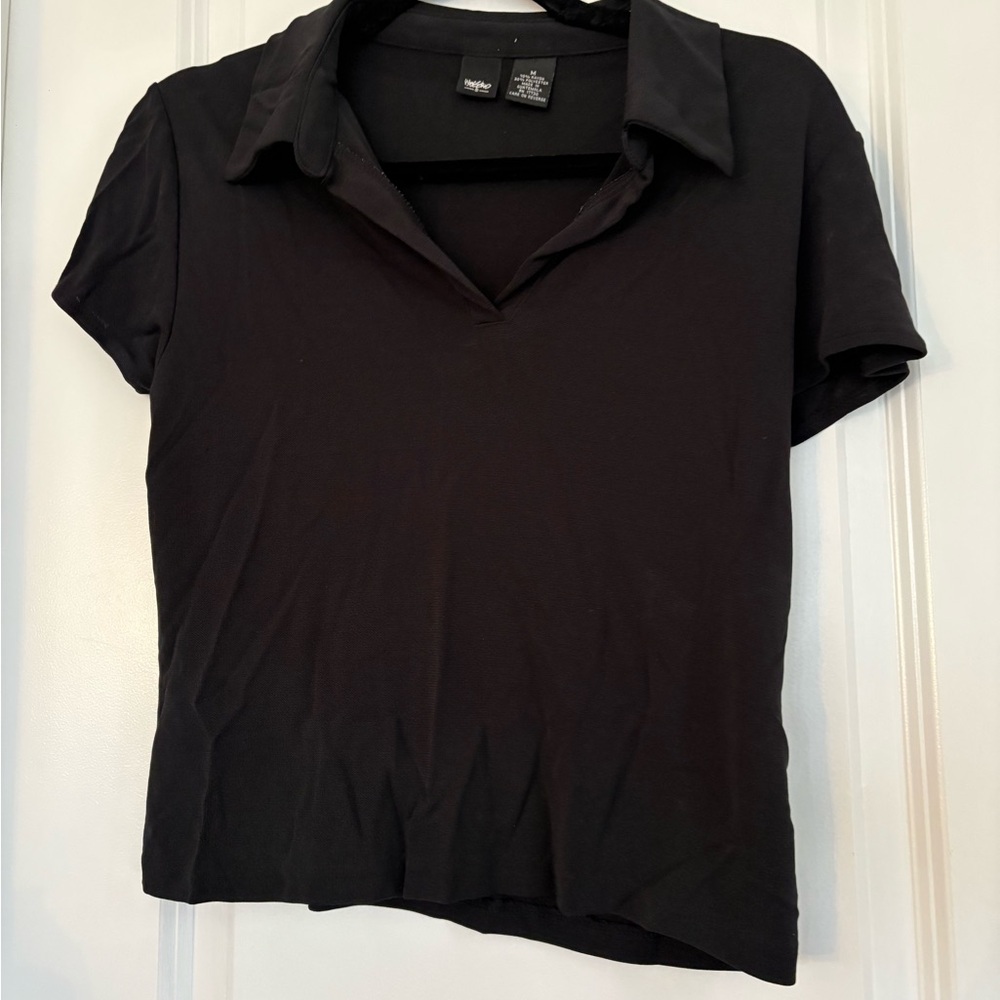 Mossimo Women Medium Black Collared Short Sleeve Knit Blouse Rayon Polyester